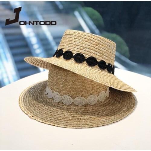 2021 New Women Sun Visor Wide Brim Straw Hat Boater Hat Fashion Black White Lace Flat Beach Hat Ladies Summer Cap for Vacation
