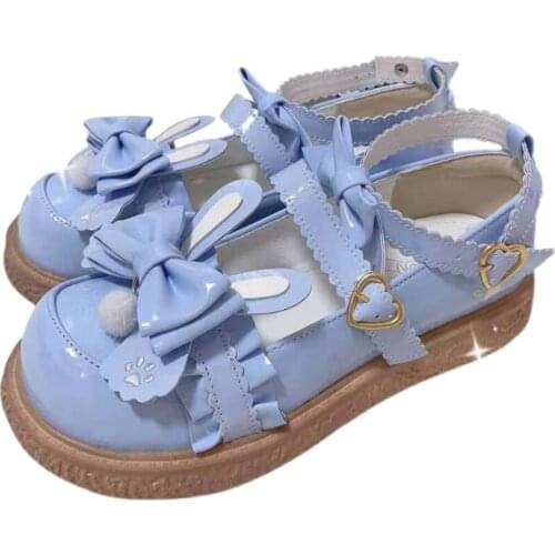 Lovely Lolita Shoes Girl Student Rabbit Ears Shoes Women PU Leather Lace Bowknot Shoes Heart-Shaped Embroidey Princess Shoes