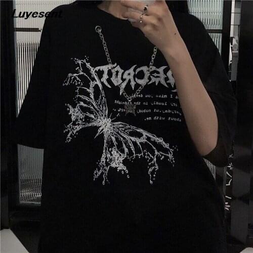 Women Punk Cool Eyelet Chains Black White T Shirt 2021 Summer Lady Abstract Butterfly Letter Print Street Top Gothic Harajuku