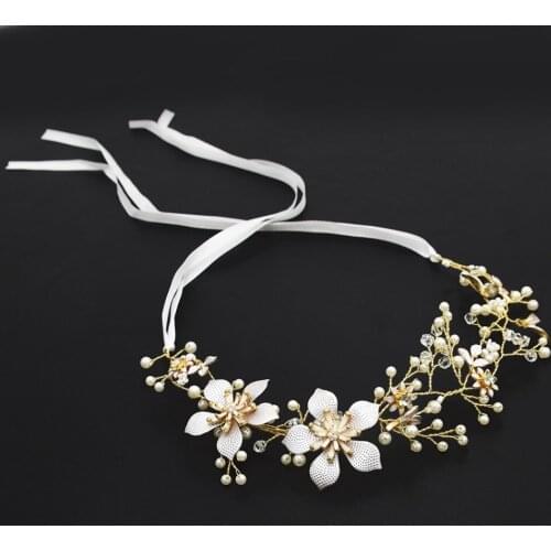 Romantic Jewelry Women Gold Flower Leaf Hairband Crysal Wedding Tiara Headbands Women Pearl Headpiece Bridal Hair Accessories