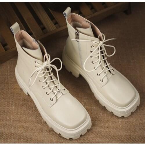 Women Handmade Genuine Leather Square Toe Chunky Square Heels Short Boots Thick Platform Cross Tied Cow Leather Wool Ankle Boots