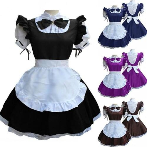 Women Short Sleeve Large Hem Color Block Lolita Dress Anime Maid Cosplay Costume