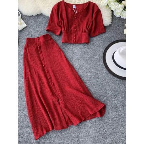 FMFSSOM 2021 Summer Two Piece Set New Women V Neck Short Sleeve Tunic Waist Crop Tops + Loose Waist Long Skirt Suits