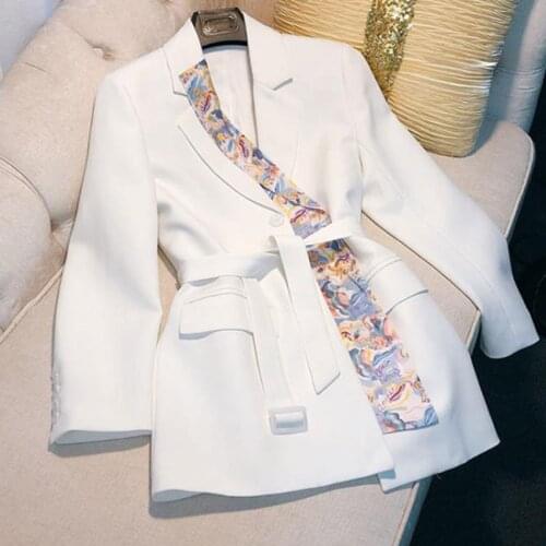 Spring New women Office Lady Notched Collar Long-sleeved Patchwork Panelled Ribbon White Blazer