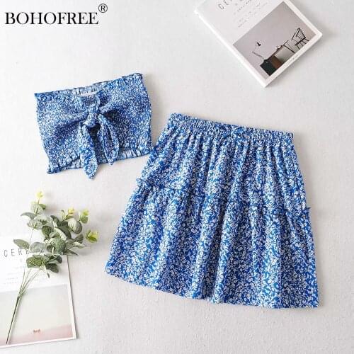 Beach Holiday Style Woman Summer Womens New Style Printed Tube Top Skirt Suit Bohemian Print Suit Printing Falda