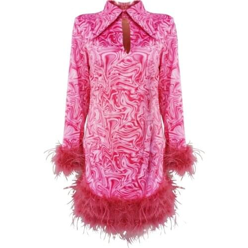 Lapel wind New sweet long sleeve printing ostrich hair panel bottom puffy short dress female