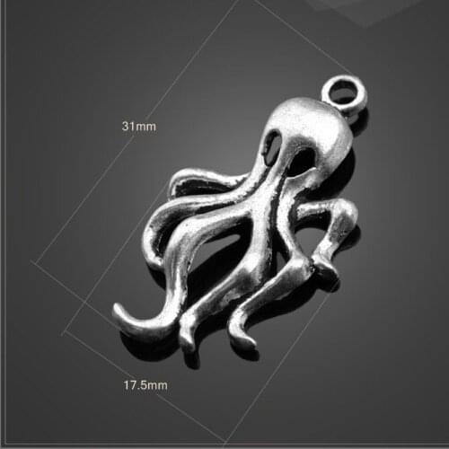 High Quality 10 PCS/Lot 17.5mm*31mm Antique Silver plated Small Metal Inkfish Octopus Charms For Jewelry Making