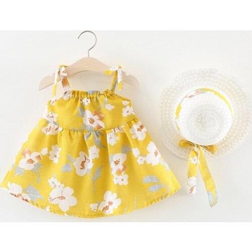 FOCUSNORM 0-4Y Kids Girls Dress+Sun Hats 2pcs Sleeveless Bowknot Flowers Print Mini A-Line Sundress