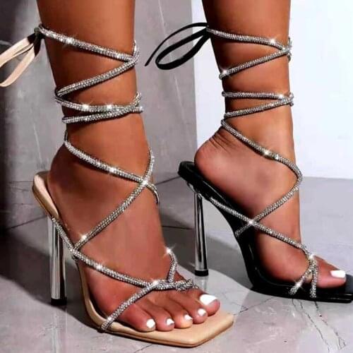 2021 Sexy Ankle strap Rhinestones Women Sandals Fashion Narrow band Lace-up Stiletto High heels Gladiator Sandals Summer Shoes