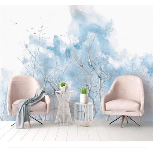 XUE SU Custom large wallpaper wall light blue branches watercolor flying birds modern fashion interior decoration painting wall
