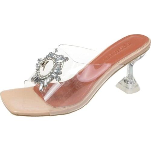 Womens Slippers PVC Transparent Crystal Sun Flowers Buckle Womens Slippers Square Toe Ladies Strange High Heels Sandals Shoes