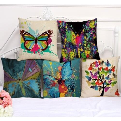 Decorative Pillow Cushion Case Color Painting Butterfly Pillowcase 17.5 Inch Cotton Linen Chair Seat Throw Pillow Cover A1057