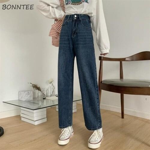 Jeans Women Vintage Blue High Waist Fashionable Ankle-length Basic All-match Leisure Street Pockets Washed Buttons Students Lady
