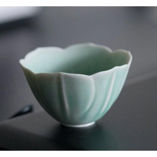 Fambe Green Glaze Teacup Petal Ceramic Tea Cup Handmade Tea Set