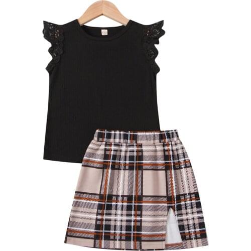 Summer Infant Girls Clothes Sets 2pcs Lace Fly Sleeve Solid T Shirts Tops Plaid Print A-Line Skirts Outfits 1-6Y