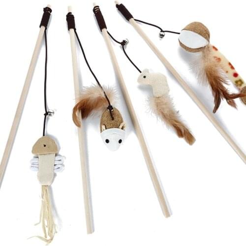 Pet Cat Teaser Toys Feather Wood Rod Mouse Toy With Mini Bell Cat Catcher Teaser Cartoons Wooden Stick Cat Interactive Toys