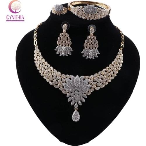 CYNTHIA Crystal Necklace Earrings Indian Luxury Bridal Jewelry Set Wedding Party Prom Costume Jewellery Christmas Gift for Women