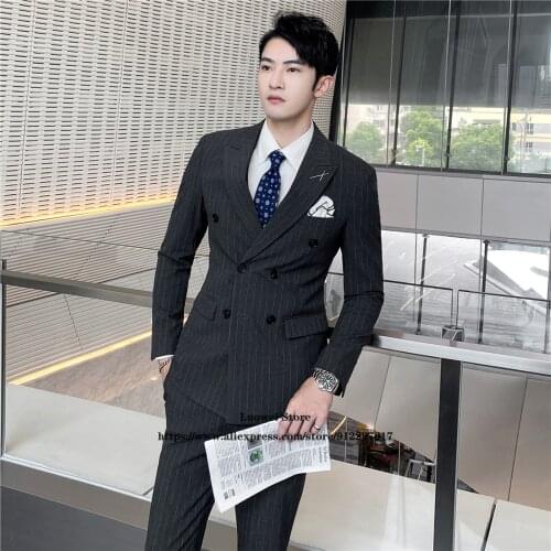 Casual Stripe Mens Suits Slim 3 Piece Jacket Vest Pants Sets Formal Business Blazer Masculino Groom Wedding Tuxedo Costume Homme