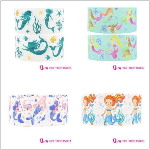 Q&N ribbon 16mm 22mm 25mm 38mm 50mm 75mm Mermaid printed grosgrain ribbon webbing 50yards/roll for hair tie