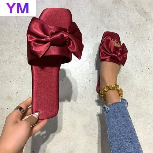 Silk Women Sandals 2021 Summer New Bowknot Wild Flat Outside Shallow Sapatos Mulher Zapatillas Mujer Casa Mules Sliders Shoes