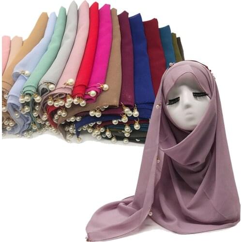 24 Colors Bubble Chiffon Scarf Gold Beaded Pearl Scarf Shawl Foulard Femme Solid Color Hijab Muslim Women Head Scarf 180*70cm