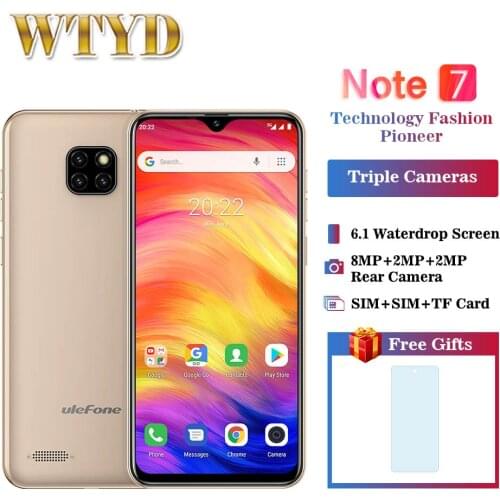 Ulefone Note 7 Triple Camera Mobile Phone 1GB 16GB MT6580A Quad Core Android 9.0 Cellphone 6.1'' Waterdrop Face ID Smartphone