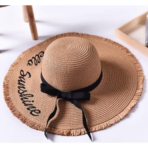 Handmade Weave letter Sun Hats For Women Black Ribbon Lace Up Large Brim Straw Hat Outdoor Beach Summer Caps Chapeu Feminino