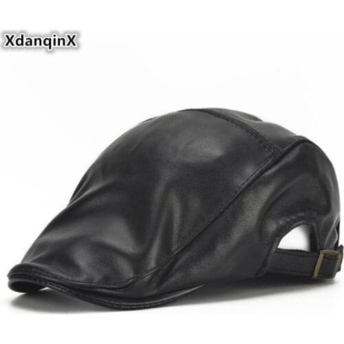 XdanqinX Adjustable Size Mens Genuine Leather Hat Simple Beret Men Brands Sheepskin Leather Cap Snapback Caps Dads Berets Hats