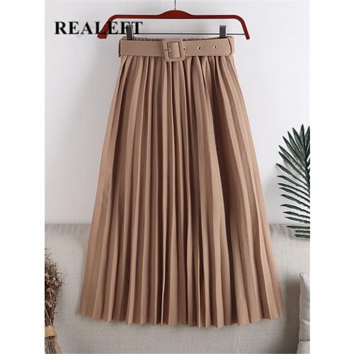 REALEFT 2021 New High Waist Womens Pleated Skirts with Belted Spring Summer Minimalism Elegant Office Female Mi-long Skirt Saia