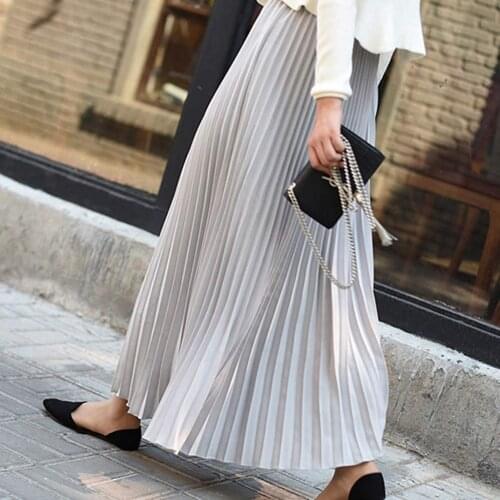 Skirts Womens 2021 High Waisted Skirt Womens Solid Pleated Skirt Elegant Midi Elastic Waist Women Skirt Jupe Longue Femme