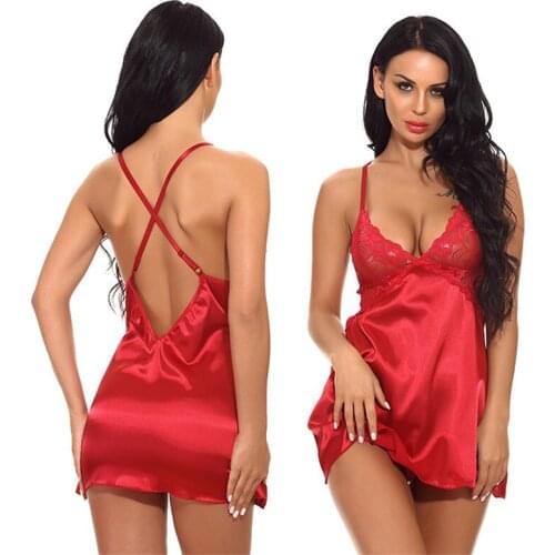 Hot Satin Nightwear Women Popular Large 3 color Sexy Femme Nightdress Lace deep V Silk Sexy Nightgown Wholesale