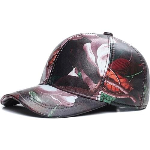 Womens Spring And Autumn Leather Sheep Skin Baseball Cap Printing Magnolia Casual Leather Hat Young And Middle-Aged Hats