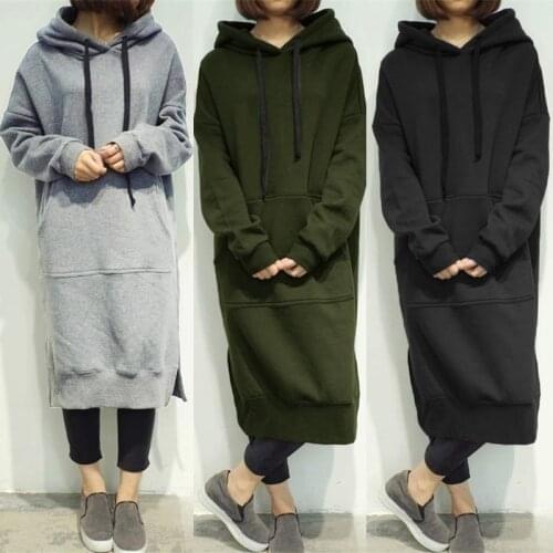 Womens Casual Loose Long Hoodies Autumn Solid Color Sweatshirt Hooded Sweatshirt Dress