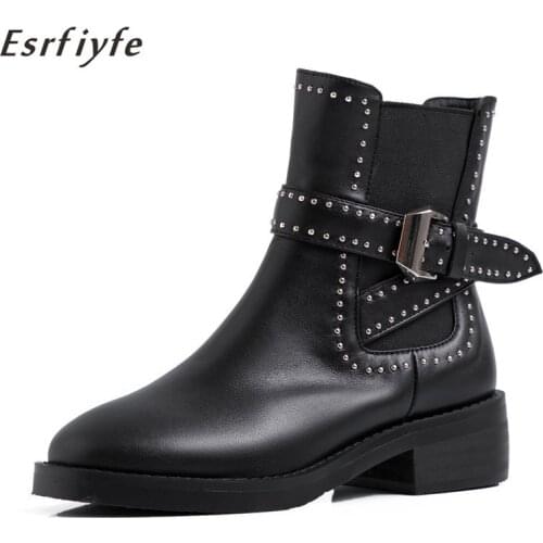 ESRFIYFE 2020 New Black Genuine Leather Women Ankle Boots Rivets Short Boots Thick Heels Round Toe Boots Slip on High Quality