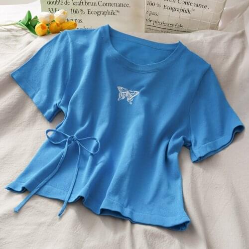 Women Summer Round Knit Tees Butterfly Printed Tee Cottons T-Shirts Drawstring Knitted Crop Tops Women 2021 Tops
