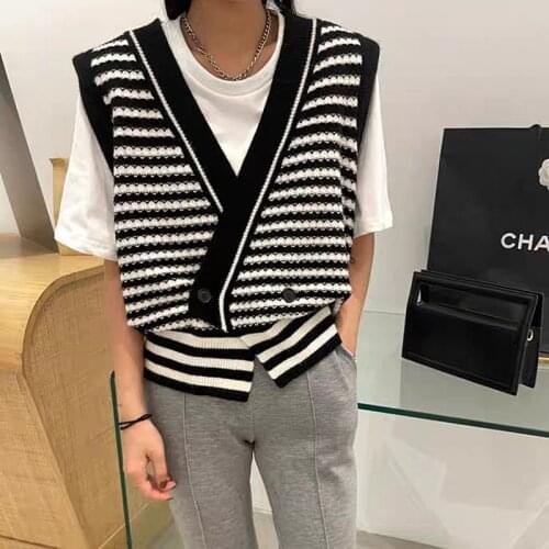 Korean Fashion Striped Sweater Vest Women 2021 Autumn Winter V Neck Knitted Vest Sleeveless Jecket chalecos para mujer