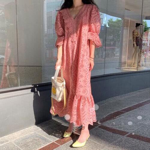2020 Summer New Fashion White V-neck Hollow out Lace Plus Size Ladies Dresses Loose Elegant Woman Maxi Long Dress Korean Dresses