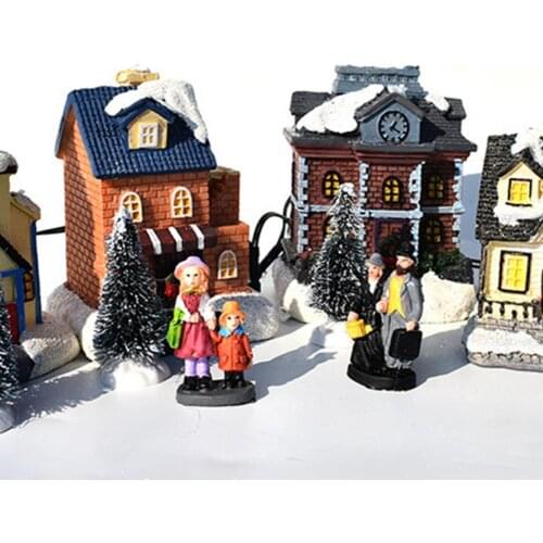 10Pcs/Set Christmas Figurines Delicate Cartoon Resin Winter Cabin Village House Miniatures New Year Christmas Home Decoration
