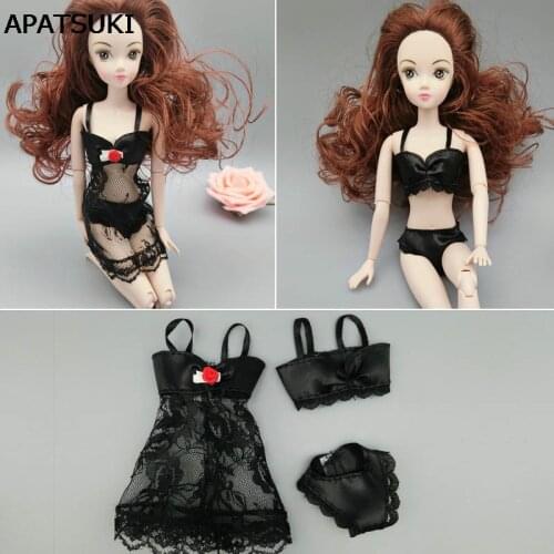 3pcs/set Fashion Dresses For Barbie Dolls Clothes Pajamas Lingerie Nightwear Lace Night Dress + Bra + Underwear Doll Accessories