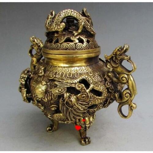 Antique Chinese Fengshui Brass Nine Dragons Incense Burner Statue Qianlong Mark