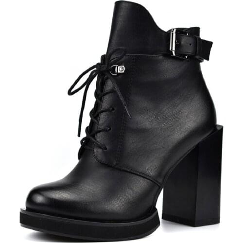Classic Ankle Boots Women Leather Lace Up Thick High Heels Black Motorcycle Boots Shoes Female Autumn Winter Casual Designers