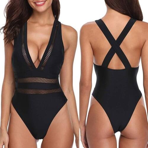 One-Piece Swimsuit Sexy V-neck Hollow Mesh Solid Color/Printing Waterproof Womens Swimwear Hot Sale Beach Bikini