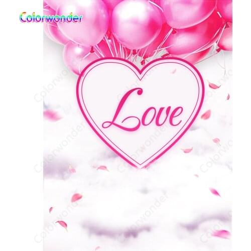 Colorwonder Photography Background Heart with Pink Balloons 5x7ft White Clouds with Rose Petals Backdrop for Valentines Day