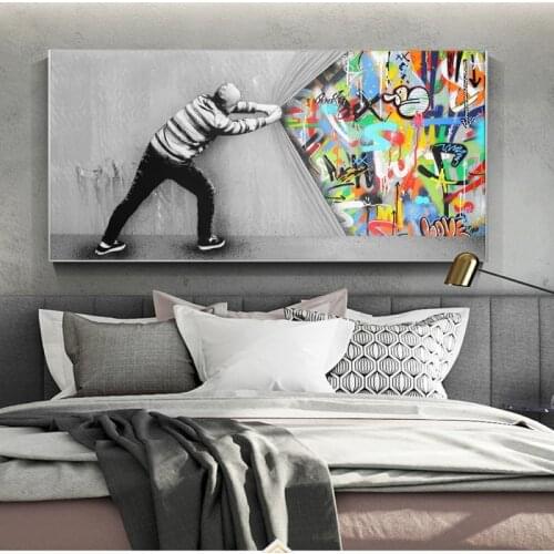 Graffiti Street Art Behind The Curtain Canvas Poster Modern Wall Art Poster and Prints for Living Room Decor Unframed