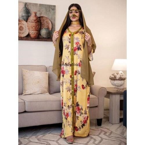 Eid Ramadan Mubarak Floral Print Dubai Abaya Dress Jalabiya Muslim Women Ethnic Kaftan Robe Muslim Islam Arabic Clothing Yellow