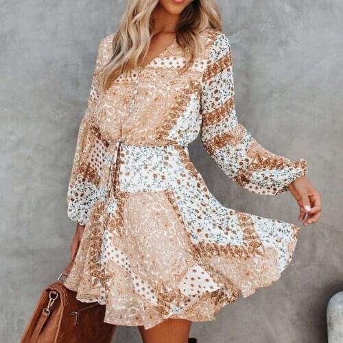 Jastie 2021 Summer Boho Women Dresses V-Neck Floral Print Lace-Up Bow Long Sleeve Mini Dress Casual Beach Party Sundress Dress