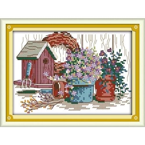 Joyy Sunday Garden Corner Cross Stitch Embroidery Kit Printing and Counting DMC Kids DIY Needlework Kit handmade Home Decor Gift