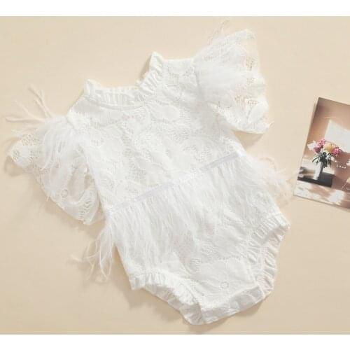 FOCUSNORM 0-24M Princess Infant Baby Girls Boys Jumpsuits Feather Lace Flowers Printed Ruffles Sleeve Rompers