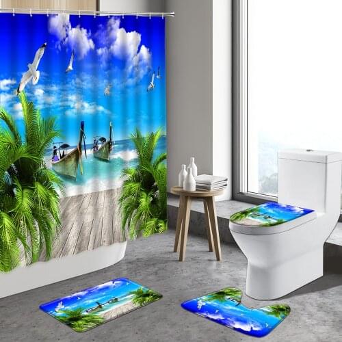 Summer Beach Shower Curtain Ocean Scenery Decor Coconut Tree Blue Sea landscape Curtains Bathroom Non-slip Rug Bath Mats Carpets