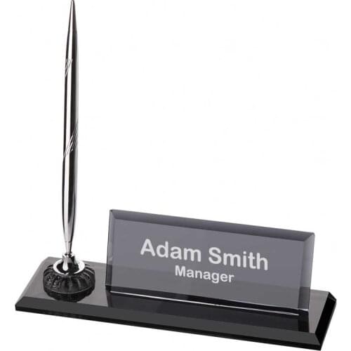 Crystal Glass Desk Name Plate and Pen Desk Stand Set - Personalized Name Plate, Custom Engraved Awards, Teachers, Boss